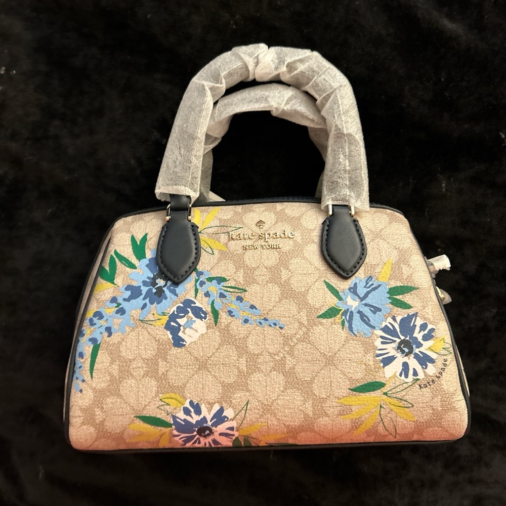 Kate Spade Beige Satchel with Blue Floral Design